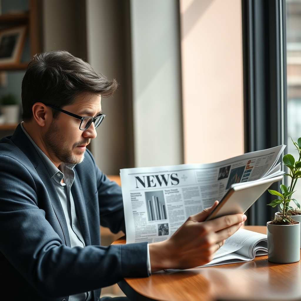 Lezer vergelijkt financiële nieuwsbronnen op een tablet en krant