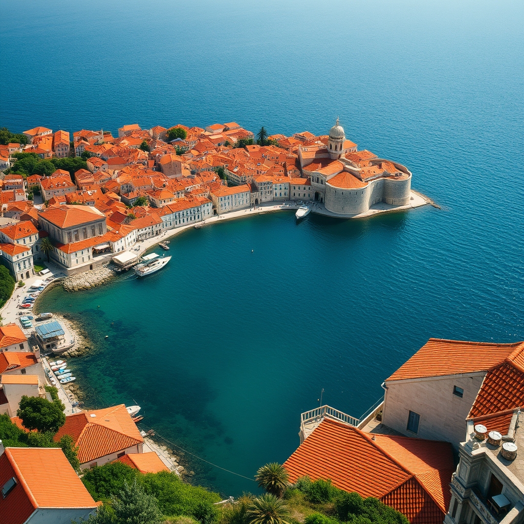Stari grad Dubrovnik s crvenim krovovima i plavim Jadranom.