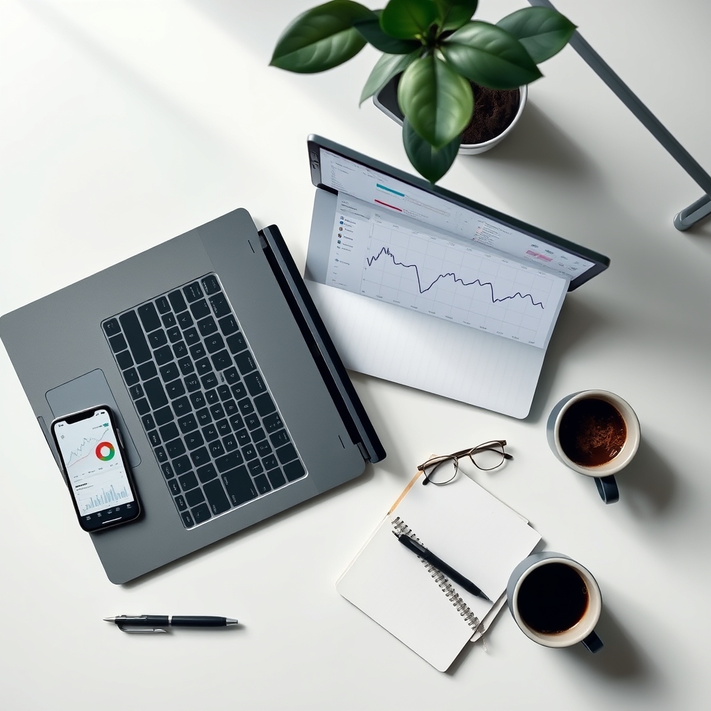 Persoon analyseert financiële marktgegevens op een laptop en monitor