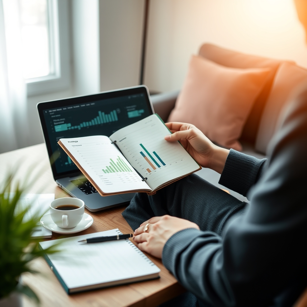 Persoon plant persoonlijke financiën met een notitieboek en laptop